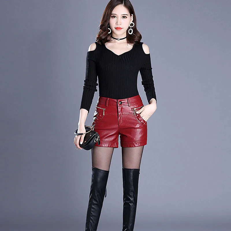 

2020 Newnew winter pu leather shorts women boots high waist fashion shorts female black leather shorts plus size red and black
