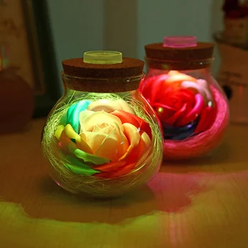 

1Pc Creative Valentine's Day Flash Wishing Never Drying Rose Light Bottle Colorful Soap Flower Remote Night Light Lady Girls