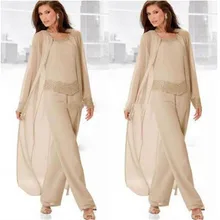 

Women 3 Piece Elegant perls long sleeves Chiffon Mother of the Bride Dress Pants Suit With Jacket Outfit for Wedding Groom