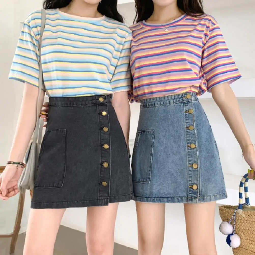 Womens Ladies Denim Faded Jeans Button Pockets Summer Fashion Holiday Mini Skirt 