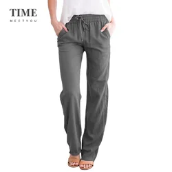 Pantalon Cargo en lin et coton pour femmes, ample et décontracté, avec ceinture, taille élastique, à la mode, grande taille 