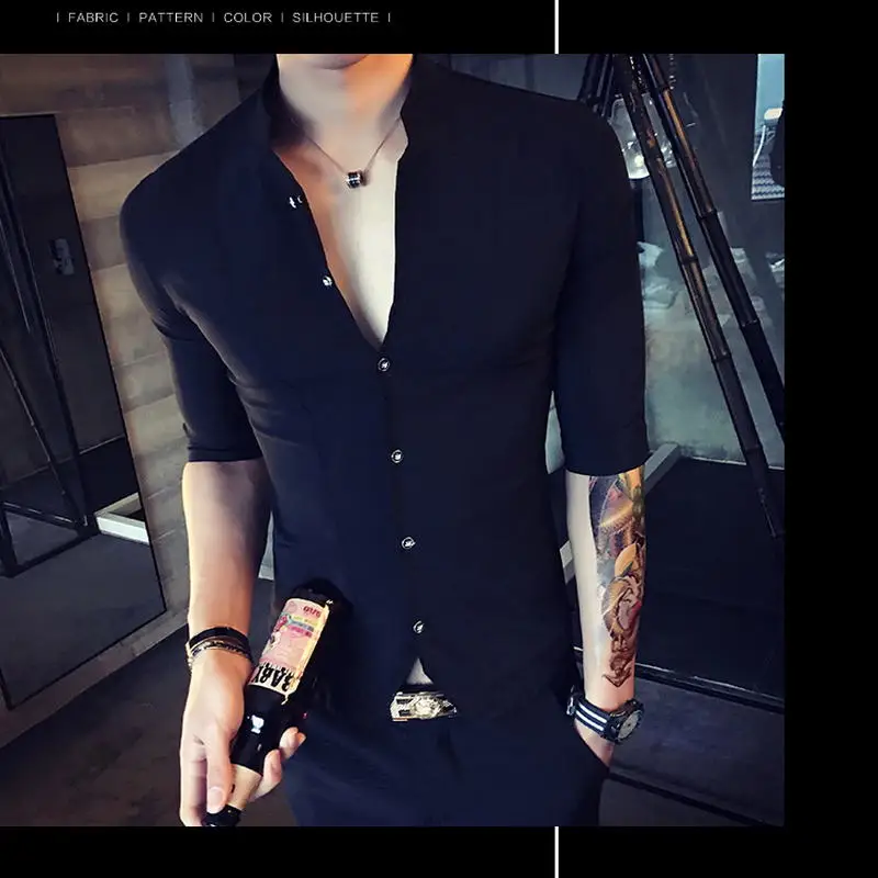 Camisa de estilo chino de cuello alto para hombres ropa de Corea de ajuste delgado para hombres de media manga
