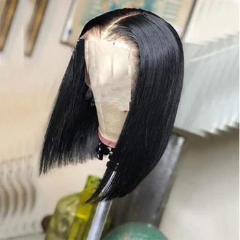 

Blunt Cut Short Bob Sliky Straight Hair Synthetic Wig Machine Weft Made Middle Part Wig High temperature Cosplay Daily Wig