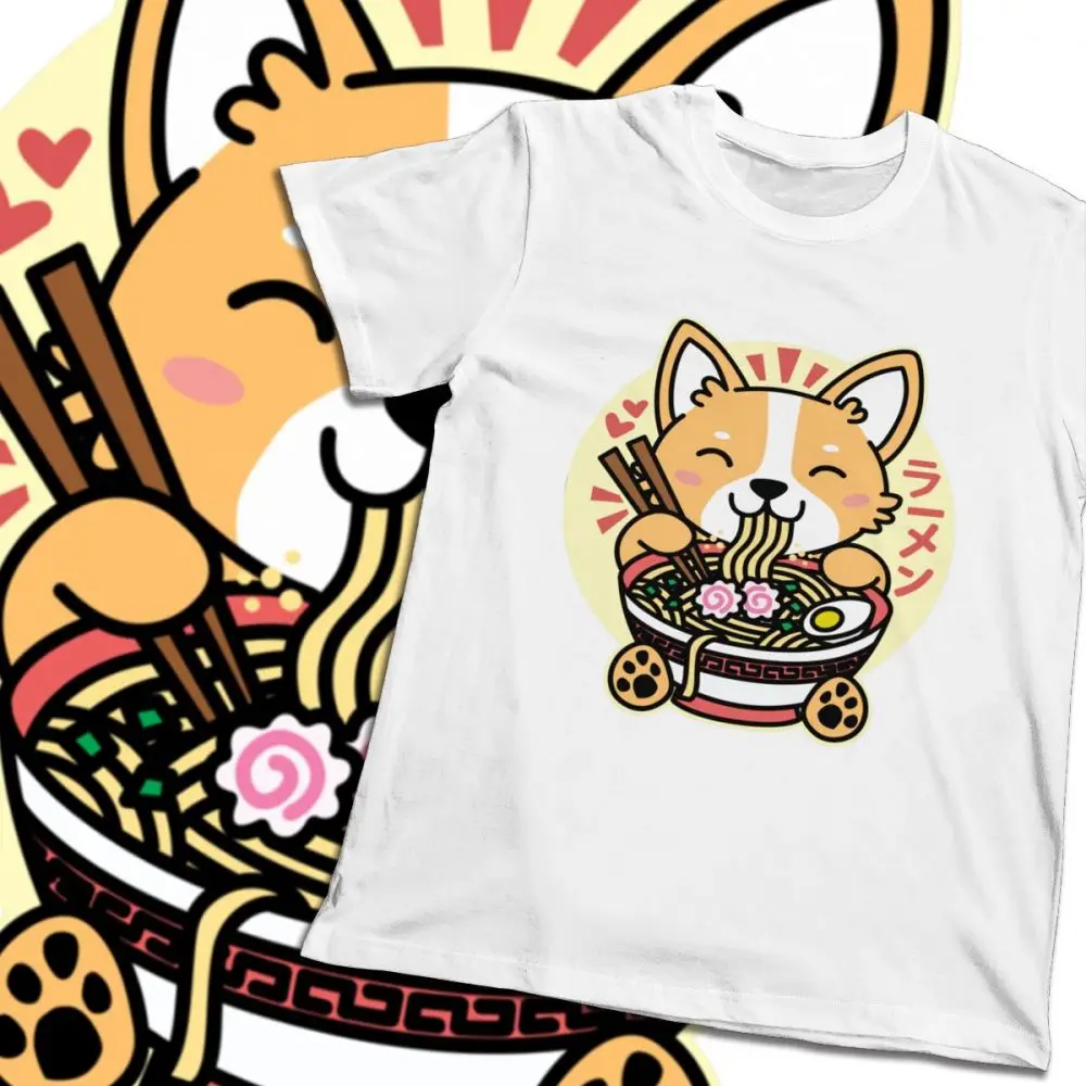 Для мужчин футболка корги едят рамен милый Kawaii лапша Хлопок Уличная Мужская o-образным вырезом Harajuku уличный с короткими рукавами