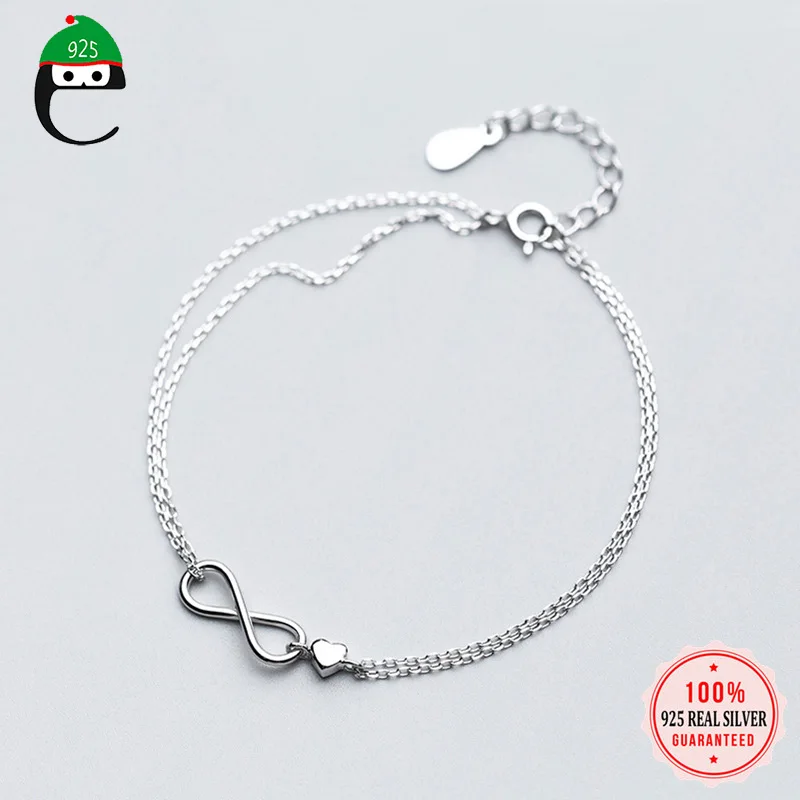 

ElfoPlataSi 100% 925 Real Sterling Silver Elegant Double Layer Infinity Heart Bracelet 17cm For Gift Girls Lady XY709