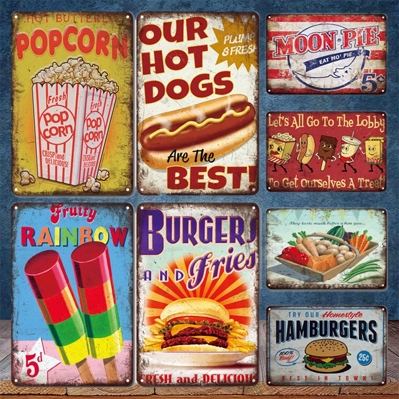 

Vintage Fast Food Metal Poster Plaque Tin Sign Retro Coffee Bar Art Wall Decor Accessories Shabby Chic Kitchen Plate Home Decor