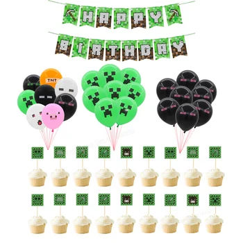 

Mining pixels Latex Balloons Game Disposable Tableware MineWorld Cups Plates banners cake flag Party Decorations Supplies Gifts