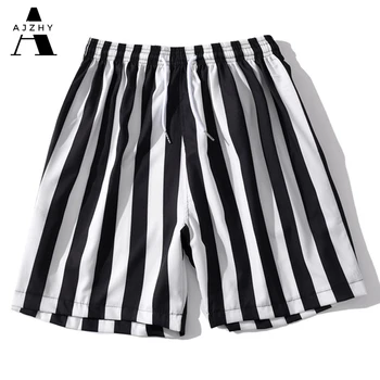 

Hip Hop Joggers Men Black White Striped Tropical Hawaii Shorts Men Streetwear Summer Beach Shorts Elastic Street Men's Shorts