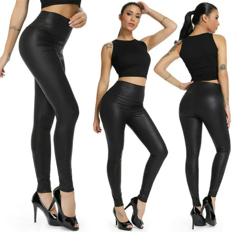 Women Black Pants Stretch Faux Leather High Waist Slim Leggings Trouser