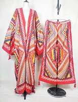 African Women Fashion Outfits Printed Two Pieces Set Plus Size Bohemian Kuwait Loose Kaftan Pants +Long Kimonos For Party 3