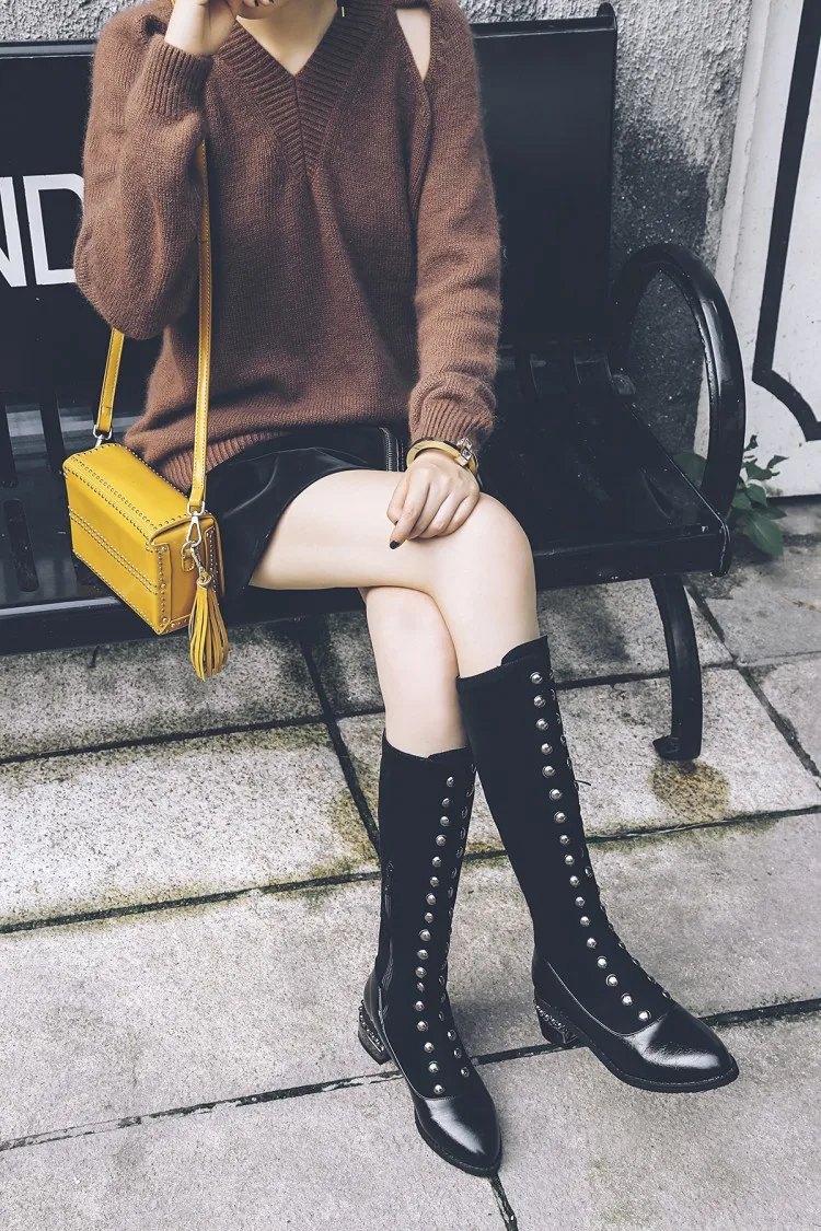 

NEW Winter Women Shoes Long Knee-High Boots Round Toe Big Size Med Square Heels Zipper Buckle Short Plush Warm Inside Fashionn