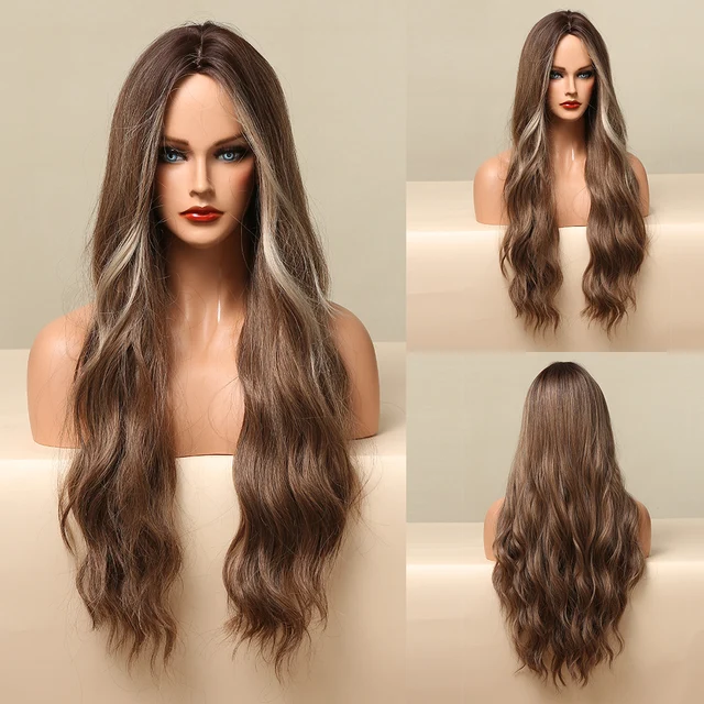 HENRY MARGU Dark Brown Wave Wigs Long Synthetic Wavy Natural Hair Temperature Wigs For Black/White Women Daily Cosplay Wigs LC5117-1