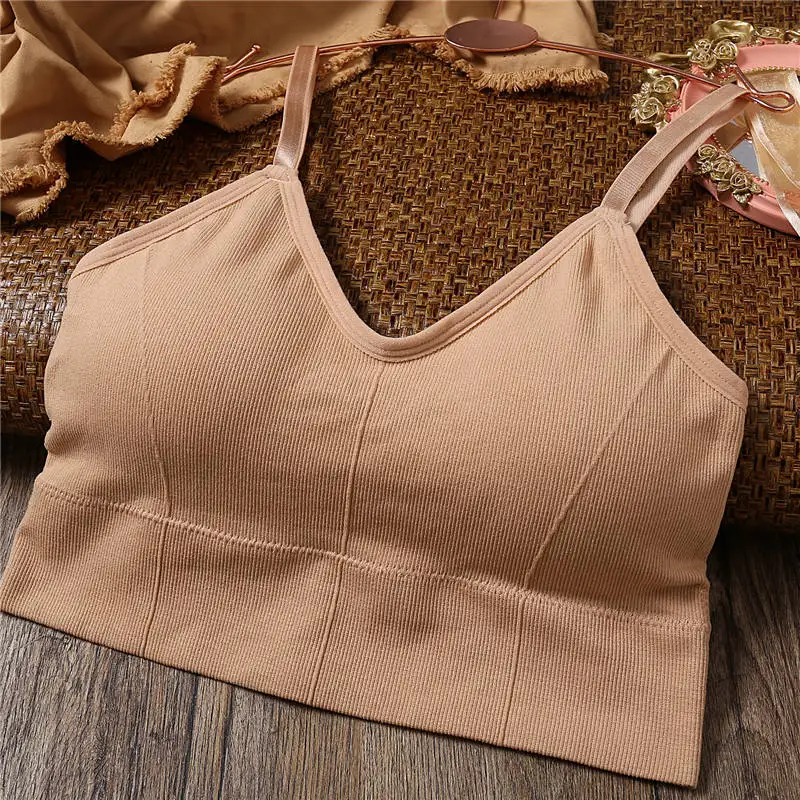 beige Женский топ, женское нижнее белье, кроп топ,бесшовный укороченный топ, майка, Женский топ без рукавов, бесшовное нижнее белье, женские топы, сексуальное нижнее белье, со съемными мягкими подбитый, женская мода - Цвет: beige