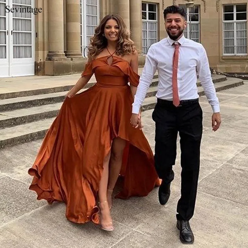 

Sevintage Hi Lo Short Prom Dresses Off Shoulder Halter Evening Gowns Satin Women Custom Made Formal Dress robes de soiree 2020