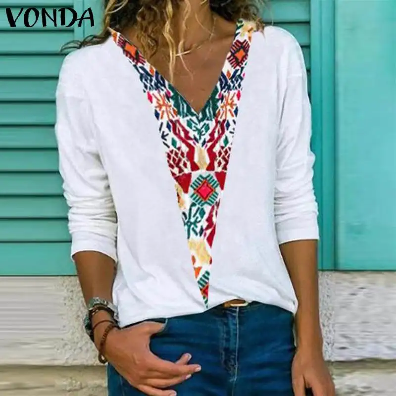 

VONDA Womens Vintage Floral Printed Blouse Female Long Sleeve Casual Loose Tops Plus Size woman Blouses And Tops Plus Size S-5XL