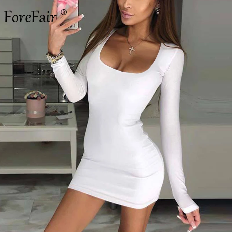 Forefair Long Sleeve Sexy Bodycon Dress Women Club Autumn Basic Solid Square Neck White Red Black Woman Mini Dress Winter