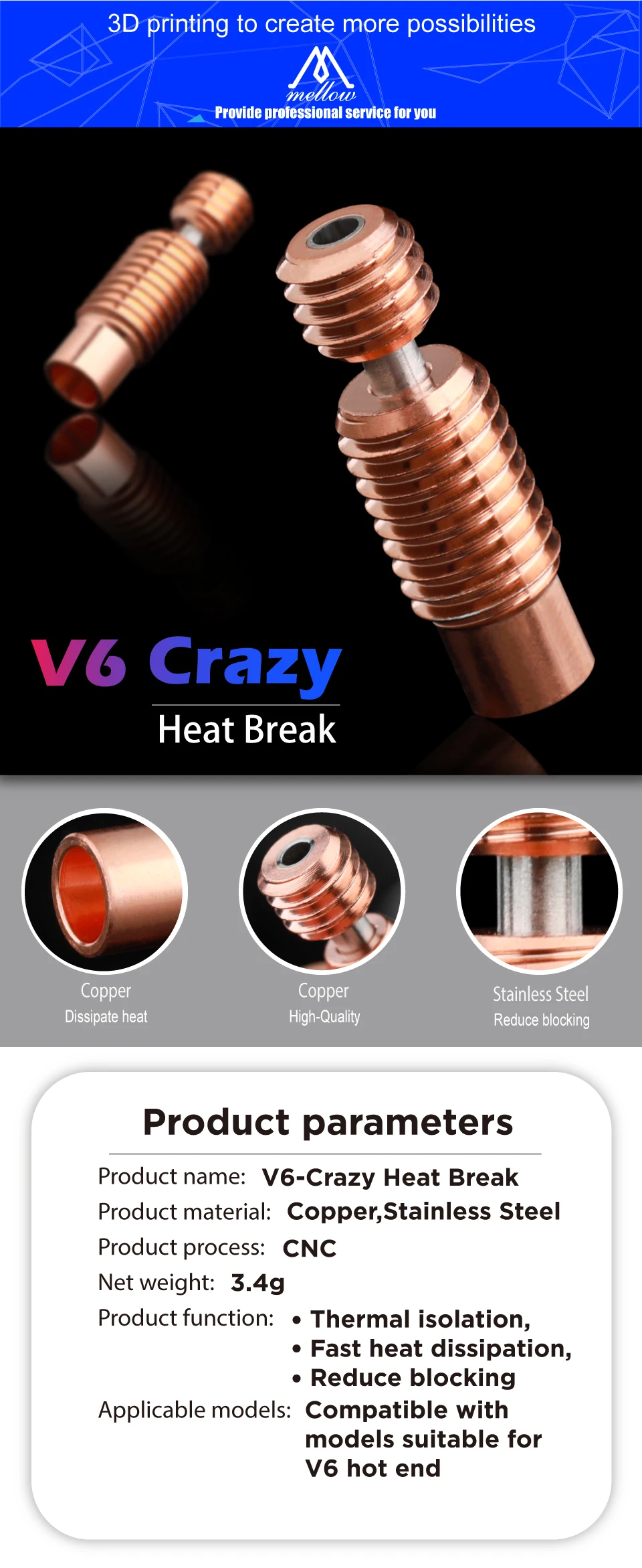 mellow nf calor quebrar cobre aço inoxidável bocal da impressora garganta para hotend aquecedor bloco