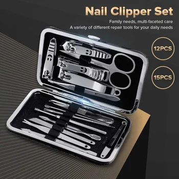 

15pcs set Stainless Steel Nail Clipper Cutter Trimmer Ear Pick Grooming Manicure Set Pedicure Toe Nail Art Beauty Tools Kits