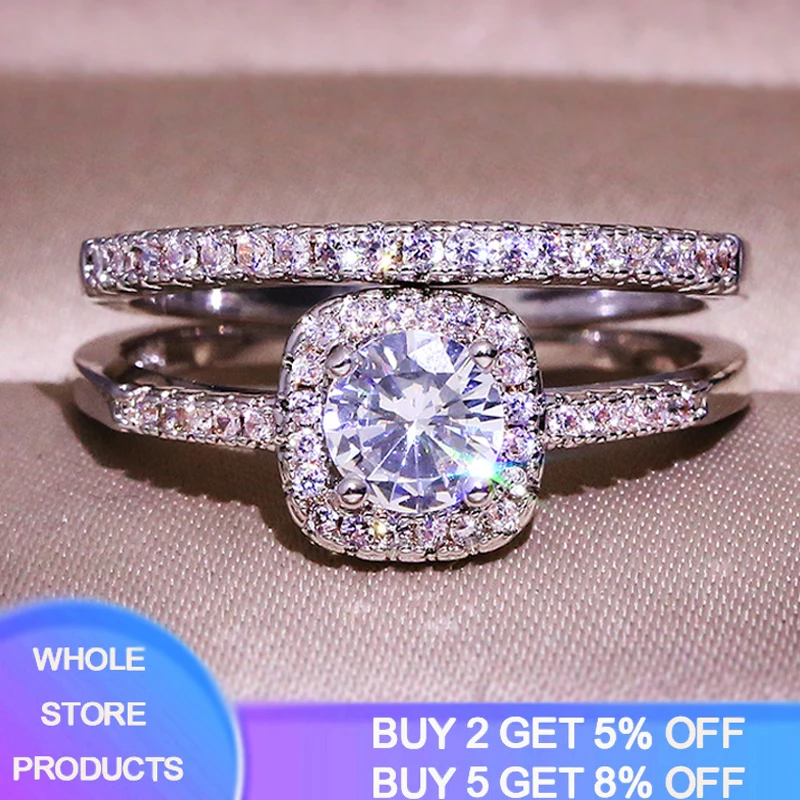 

YANHUI 100% Original 925 Solid Silver Rings Set Luxury Lab Diamond Stackable Band Rings For Women Party Wedding Jewelry RA0812
