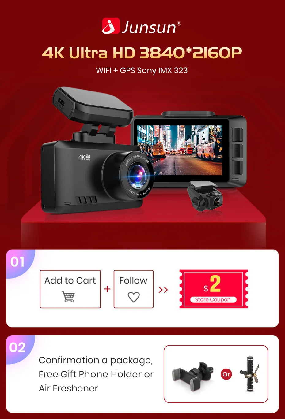 Junsun S595 Dash Cam Gesture Photo Car Camera 3840*2160P 30FPS Ultra HD Video Recorder GPS Tracker Dashcam,4K 2160P Dash Camera