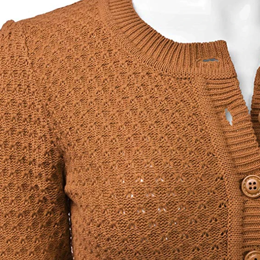 Litthing Ladies Knitted Crop Coat Women Fashion Solid Button Down 3/4 Sleeve Cropped Sweater Cardigan Casual Short Outwear
