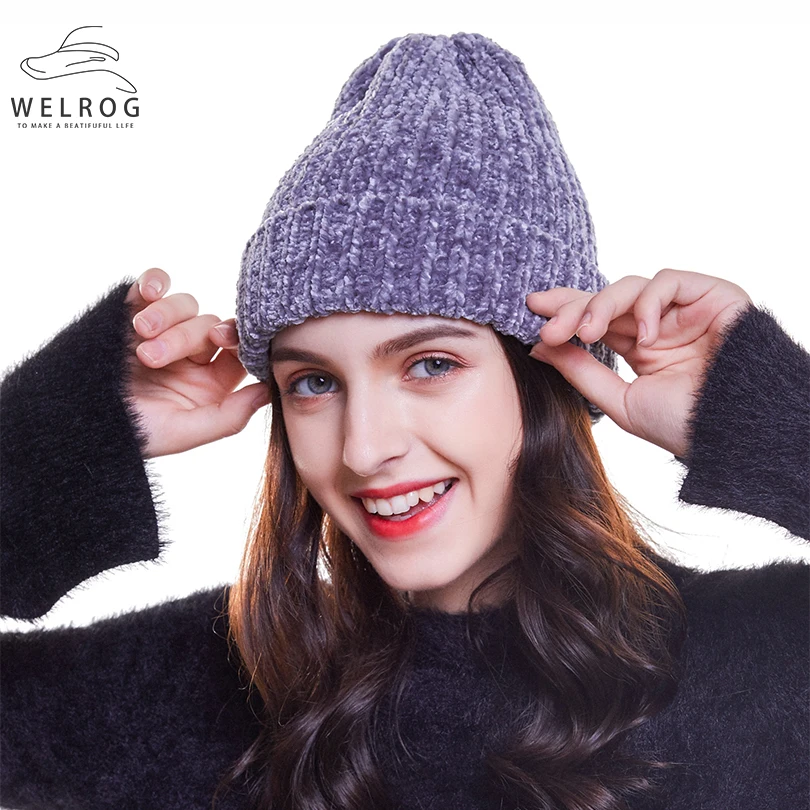 WELROG, одноцветные вязаные шенилловые шапки Skullies, дизайн, модные зимние теплые мягкие шапки-бини для женщин, Шапка-бини, Шапка-бини