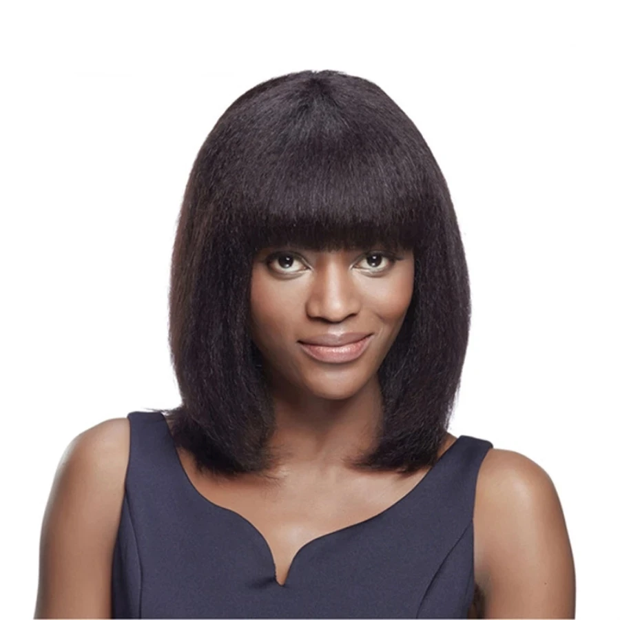Yaki Human Hair Bob Wigs Kinky Straight Women Peruvian Remy Scalp Top Wig Silk Base with Bangs Natural Color | Шиньоны и парики