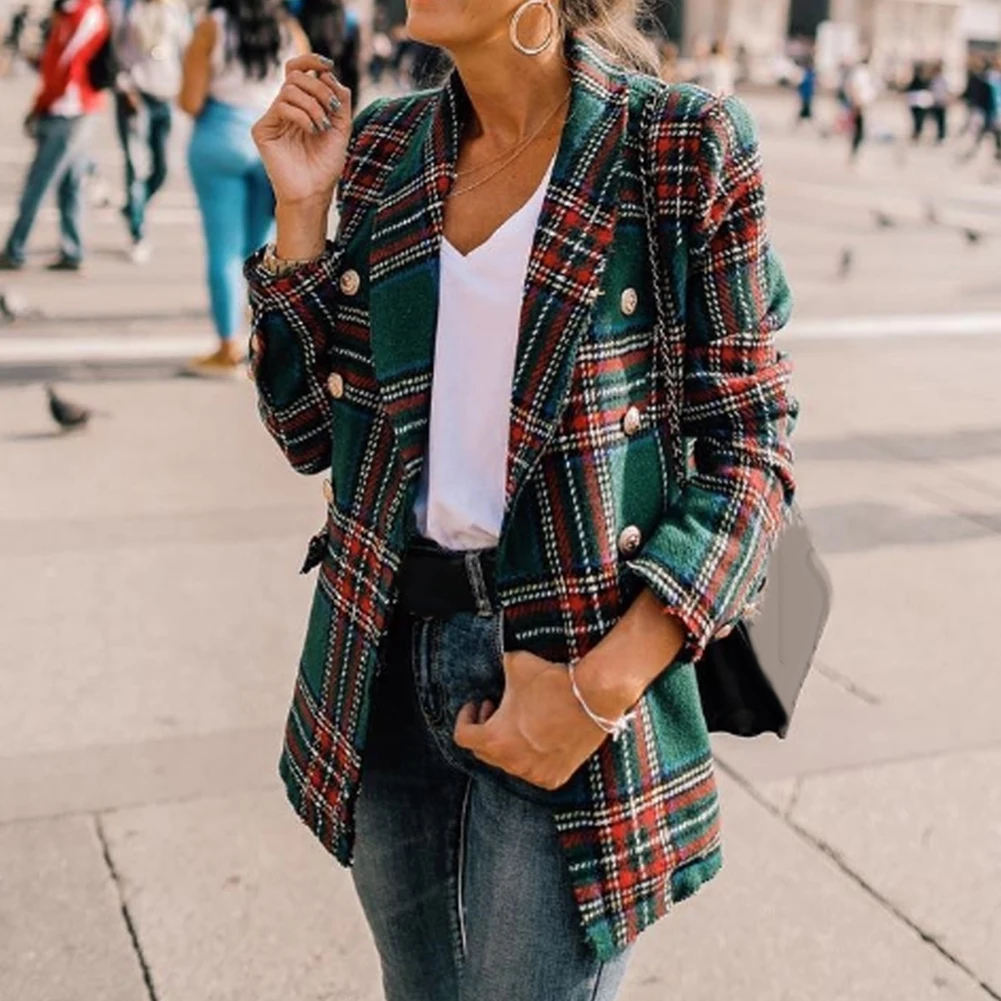 Женский блейзер, повседневные пальто, зеленый, красный, chaqueta mujer, модный клетчатый женский Блейзер, пальто, Ретро стиль, на пуговицах, клетчатая куртка