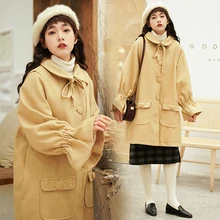 

Sweet Autumn winter Women Coat Bow lace up Peter pan collar Woolen coat Flare sleeve Loose cute overcoat warm female coat