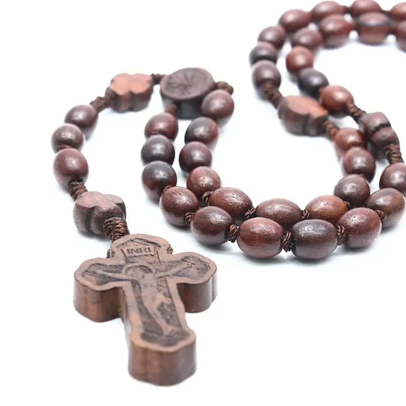 Деревянные бусы-четки крест кулон религиозный ручной работы круглые бусы католическое ожерелье для мужчин и женщин