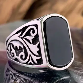 Vintage Handmade Turkish Mysterious Totem Ring For Men Ancient Silver Color Black Zircon Ring Women