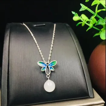 

Real 925 Silver Jasper White HeTian Jade Bead Inlaid Butterfly Charming Dangle Lucky Pendant + Chain Necklace For Men Women Gift