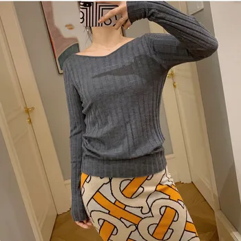 

Women's Knitted Thin Sweater Solid Color Slim One-neck Long Sleeve Knit Sweater Pull Early Autumn