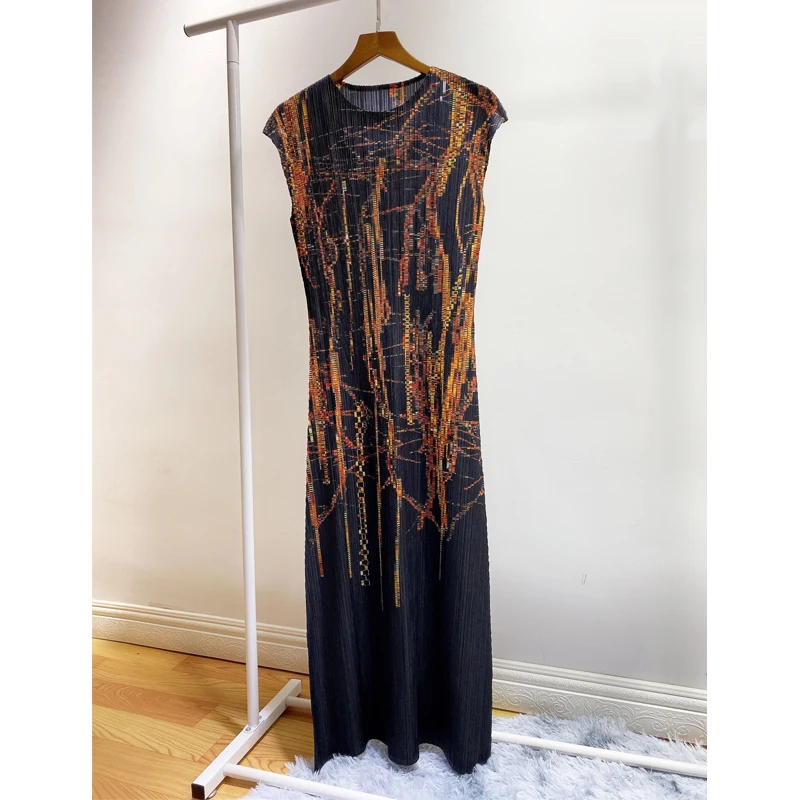 Changpleat новые женские платья с принтом Miyak Плиссированное модное дизайнерское приталенное женское элегантное платье с О-образным вырезом и эластичной талией D9087