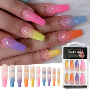 

20/24PCS Fluorescent Leopard Print False Nail Extra Long Full Cover Coffin Elegant Shiny Fake Nails for Women Girl Manicure Tool