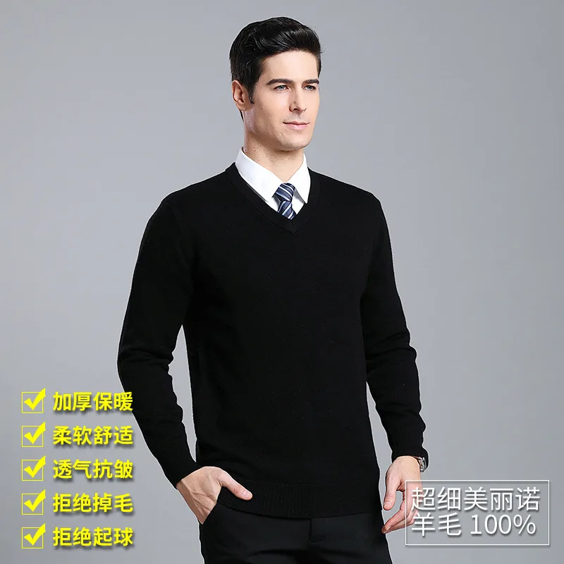 

2019 Autumn & Winter New Style V-neck MEN'S Wear Sweater 100% Pure Wool Thick Sweater Business Pullover Sweater Men's