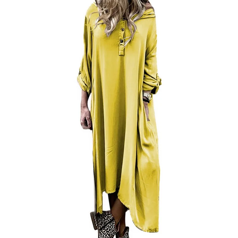 Sfit женское платье размера плюс на пуговицах с длинным рукавом, повседневное пляжное платье для девушек, однотонное длинное платье с капюшоном, летняя пляжная одежда, накидка - Цвет: yellow