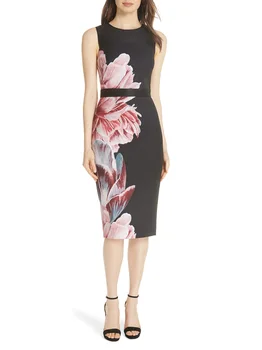 

Luxury Women Flower Print Sheath Dress Round Neck Sleeveless Dresses