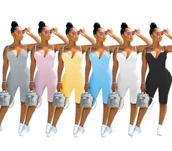 

Jumpsuit shorts tight-fitting sports running women's clothing new casual knitted sling solid color jumpsuit Macacão