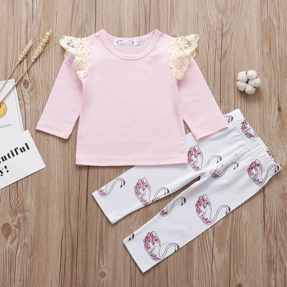 Newborn Baby Girl Clothes Set 2020 Spring Pink Fly Sleeves T-Shirt+ Little Swan Pants Infant Girls Clothing Outfits Sets | Детская