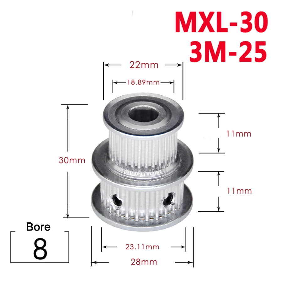 1 шт. MXL30/3M25 прямозубая шестерня с двумя круглыми головками, ширина зубчатого колеса 11 мм, диаметр 8 мм