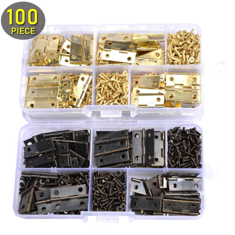 

100PCSMini Hinges Set with Screws Bronze or Golden Color Plastic Box Woodworking Galvanized Steel Furniture Cabinet Hardware