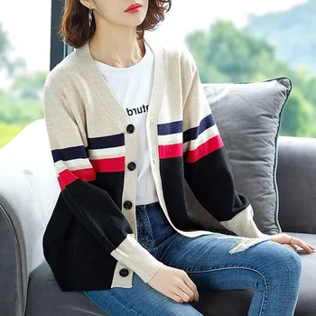 

2019 Autumn Winter Oversized Striped Cardigan Women Knitted Sweater Jacket Single Breasted Long Sleeve Cardigan Female 0930-95
