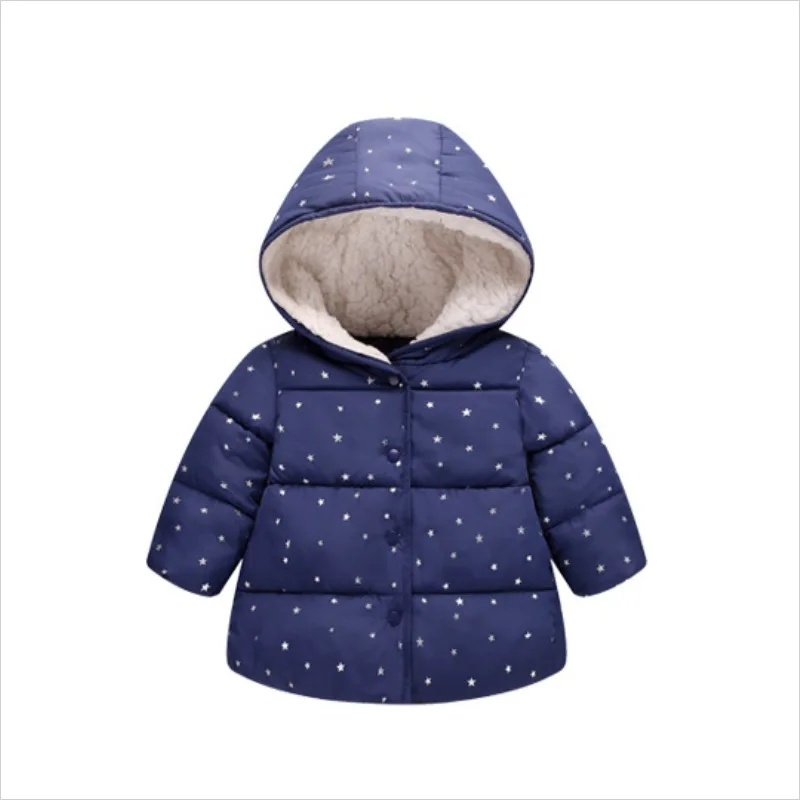 Детская теплая куртка; одежда для маленьких девочек с милым капюшоном; однотонное пальто с принтом звезды для малышей; Детские Зимние Топы