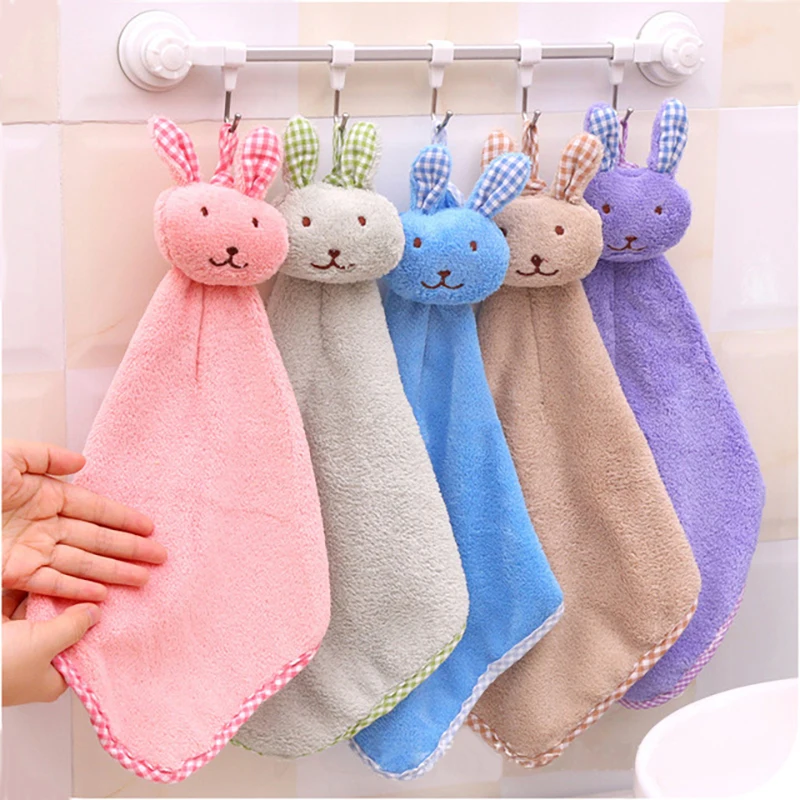 Baby Infant Coral Velvet Hand Towel Cartoon Animal Rabbit Kitchen Hanging Bath Wipe Towel Washcloths Kids Handkerchief