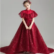 Children Girls Luxury Sequined Wedding Party Evening Birthday Princess Long Tail Dress Baby Kids Piano Pageants Ceremony Dress