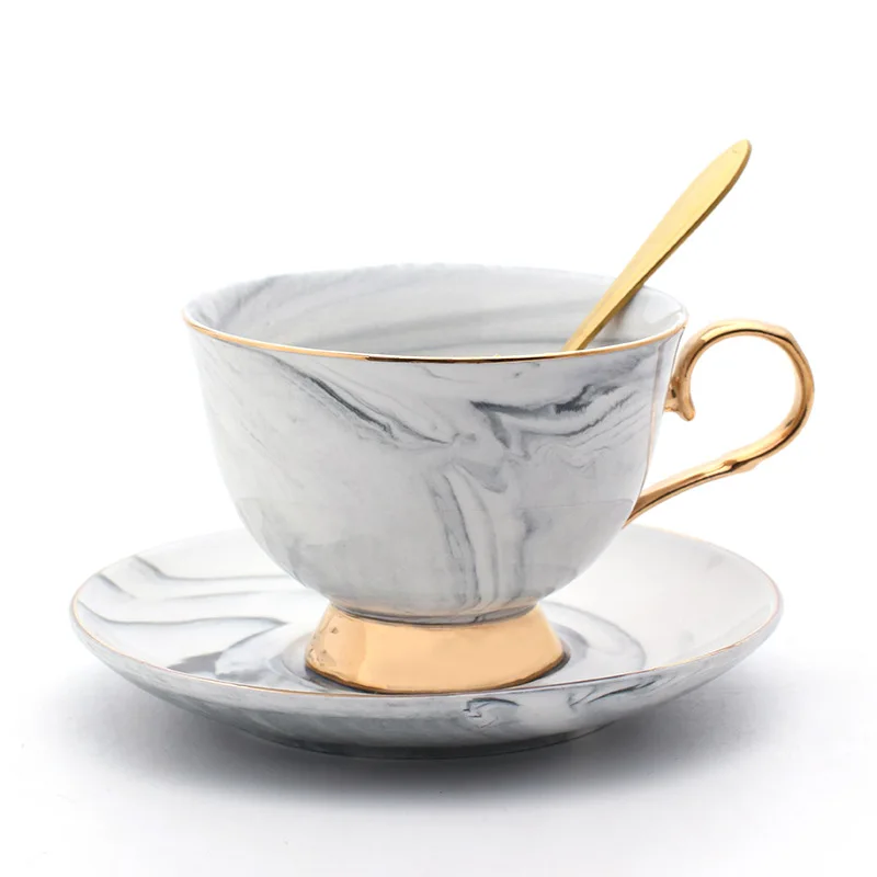 Quail 7 унций мраморная фарфоровая кофейная чашка с золотой отделкой, ретро винтажная чашка для завтрака, с лотком и Золотая ложка для бариста - Цвет: Светло-серый