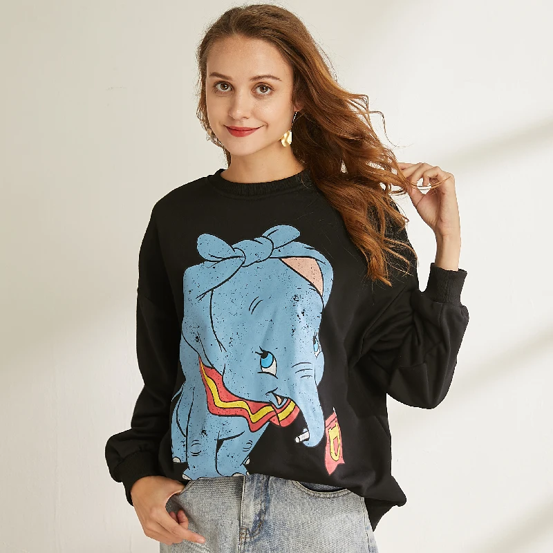 Dumbo Sweatshirt women clothing carton Elephant print autumn streetwear fashion o neck long sleeve oversize Black pullover