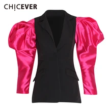 CHICEVER лоскутный хит цвет Женский блейзер с пышными рукавами и зубчатым вырезом размера плюс повседневные женские блейзеры Осенняя модная новая одежда