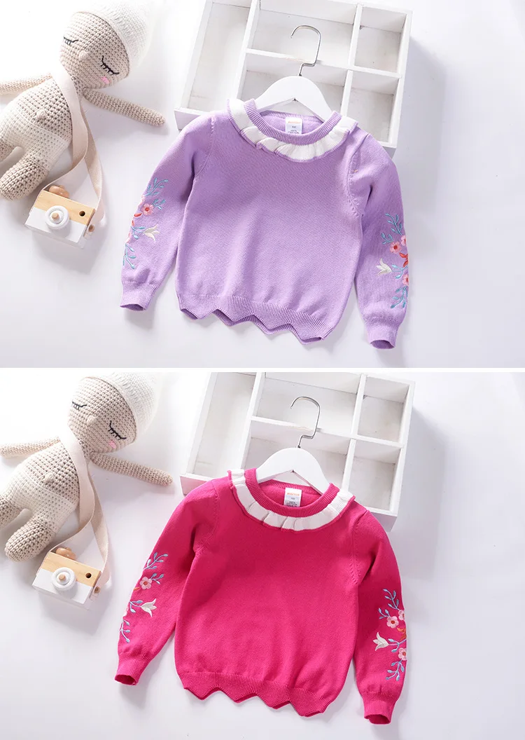 Детский свитер новая стильная универсальная рубашка с кружевным воротником для девочек коллекция года, Детский свитер в Корейском стиле с вышитыми рукавами цвет розовый, красный